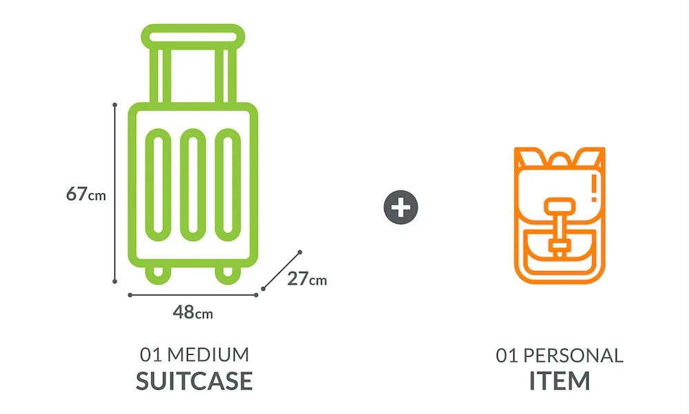 Diagramma delle dimensioni dei bagagli per la quota valigie e oggetti personali. La valigia è alta 48 x 27 cm e l'oggetto personale è uno zaino piccolo, senza dimensioni indicate.